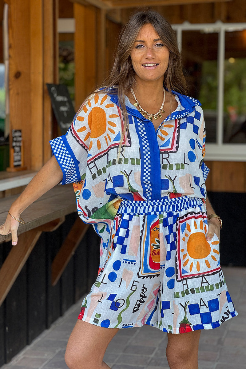 Chemise large à manches courtes looses soleil spicy graphisme bleu
