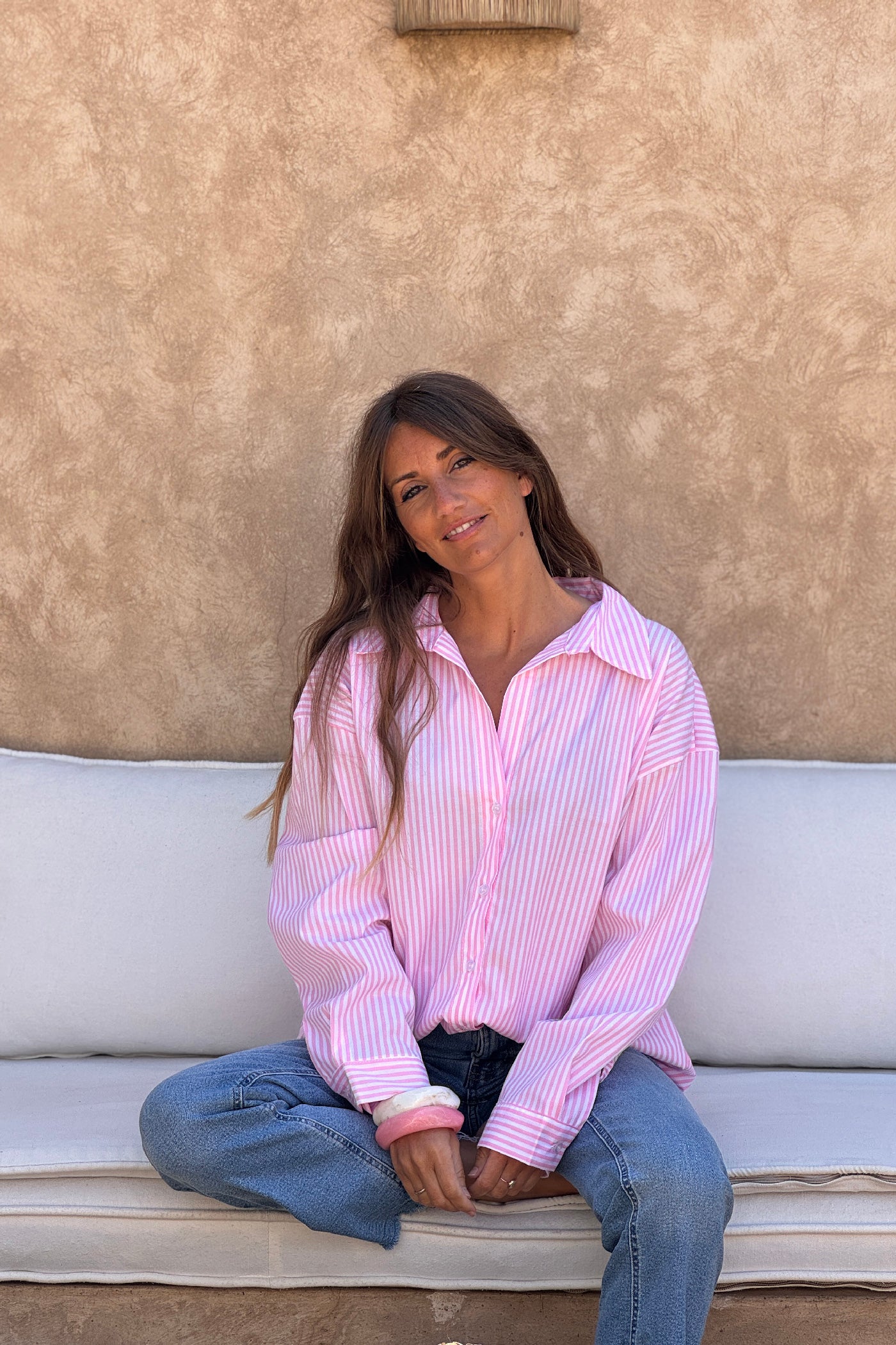 Chemise large à rayures rose broderie Iconic club