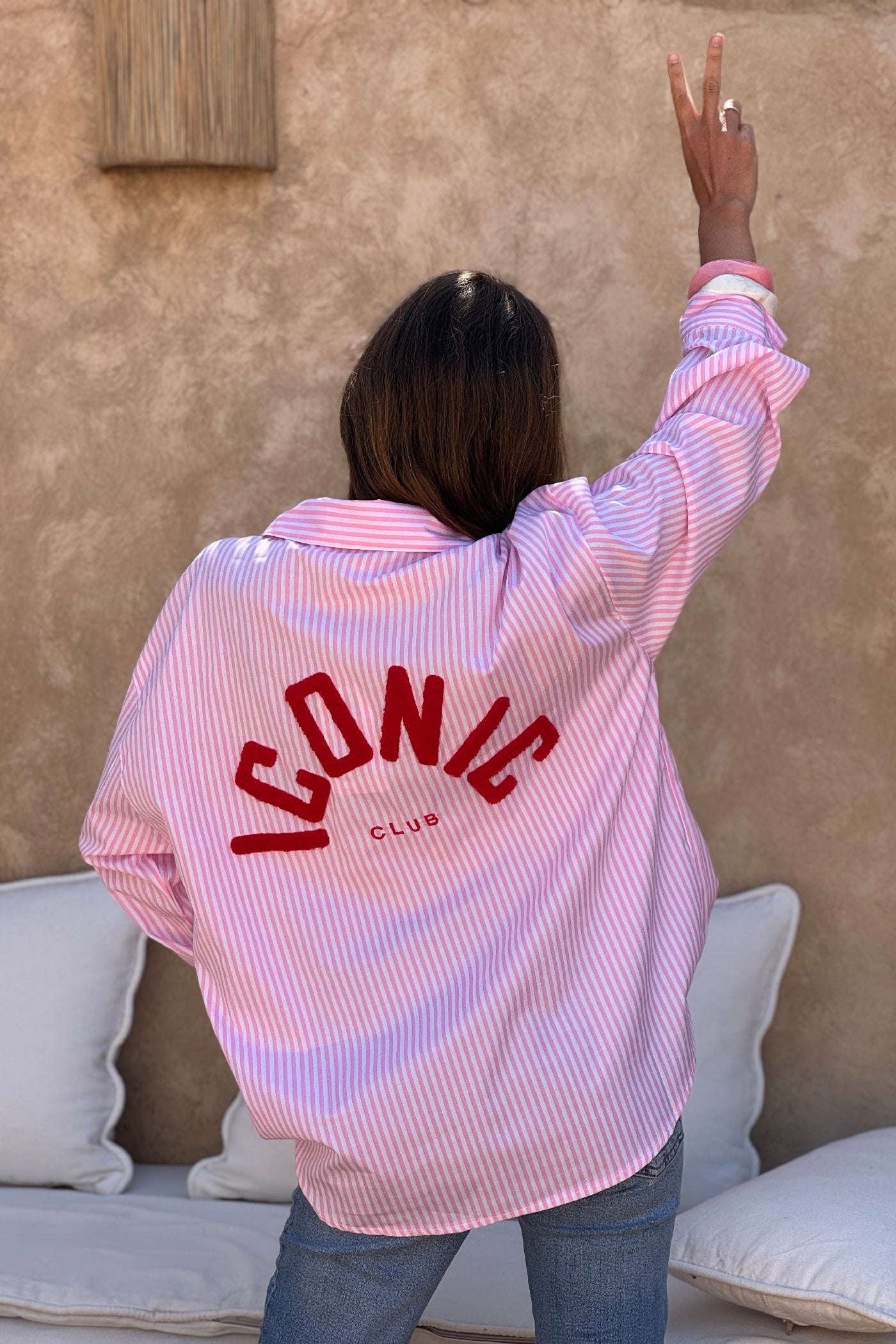 Pink Pinstripe “ICONIC CLUB” Button-Down Blouse
