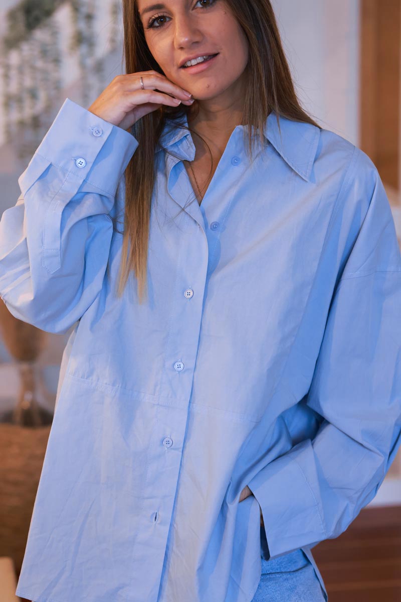 Powder Blue Long-Sleeve Button-Down Blouse