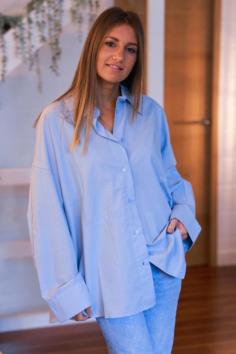 Powder Blue Long-Sleeve Button-Down Blouse