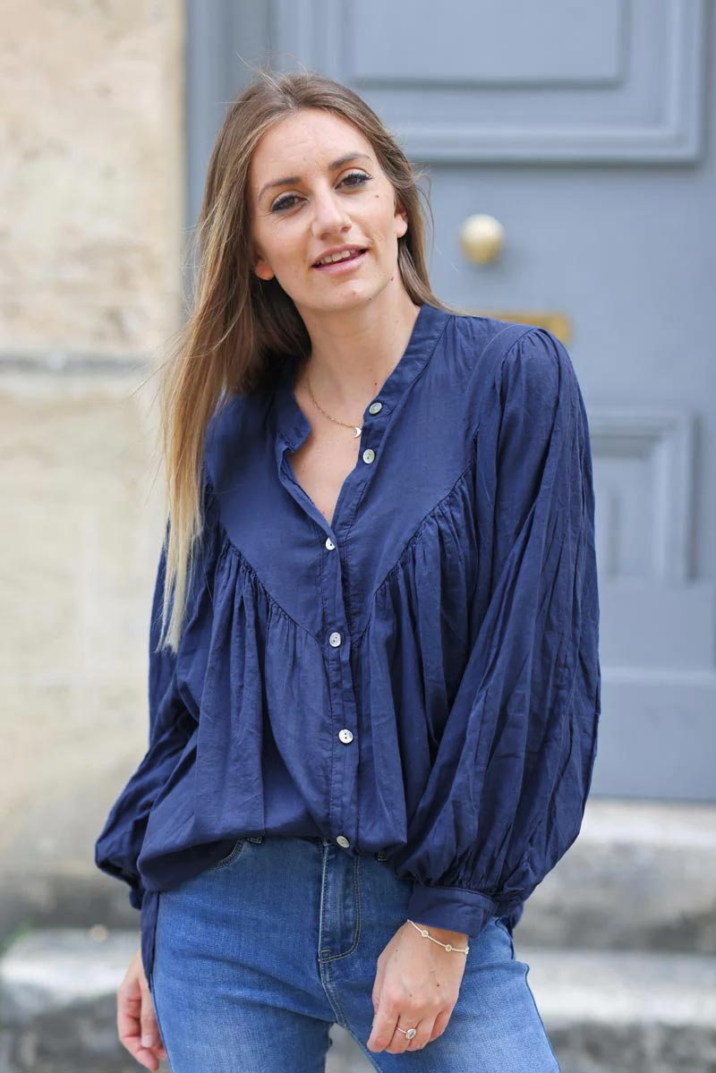 Royal blue oversized cotton shirt with mother of pearl buttons