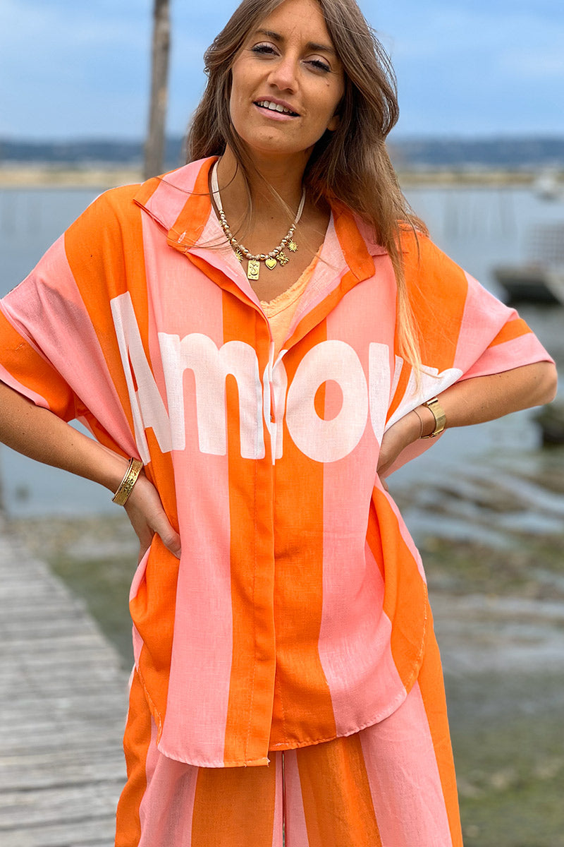Chemise large en lin mélangé imprimé Vacances d'été rayures oranges Amour