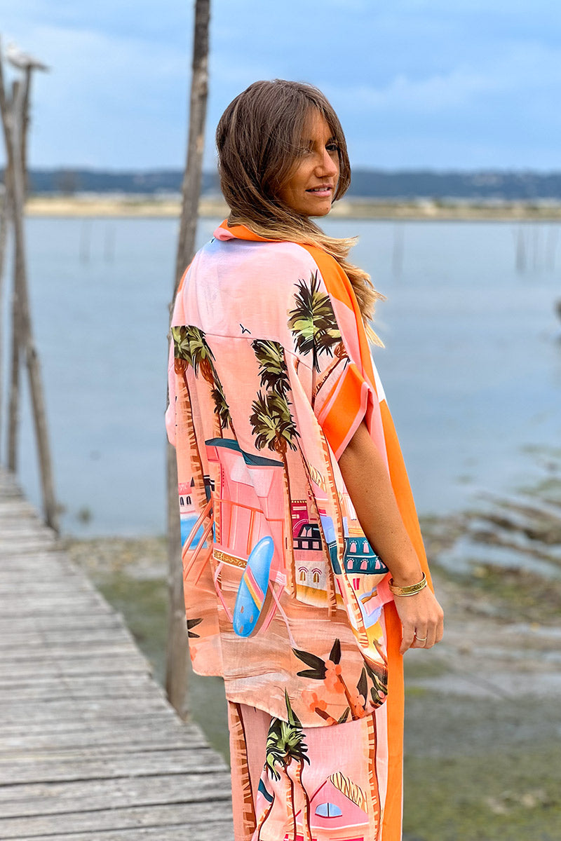 Chemise large en lin mélangé imprimé Vacances d'été rayures oranges Amour