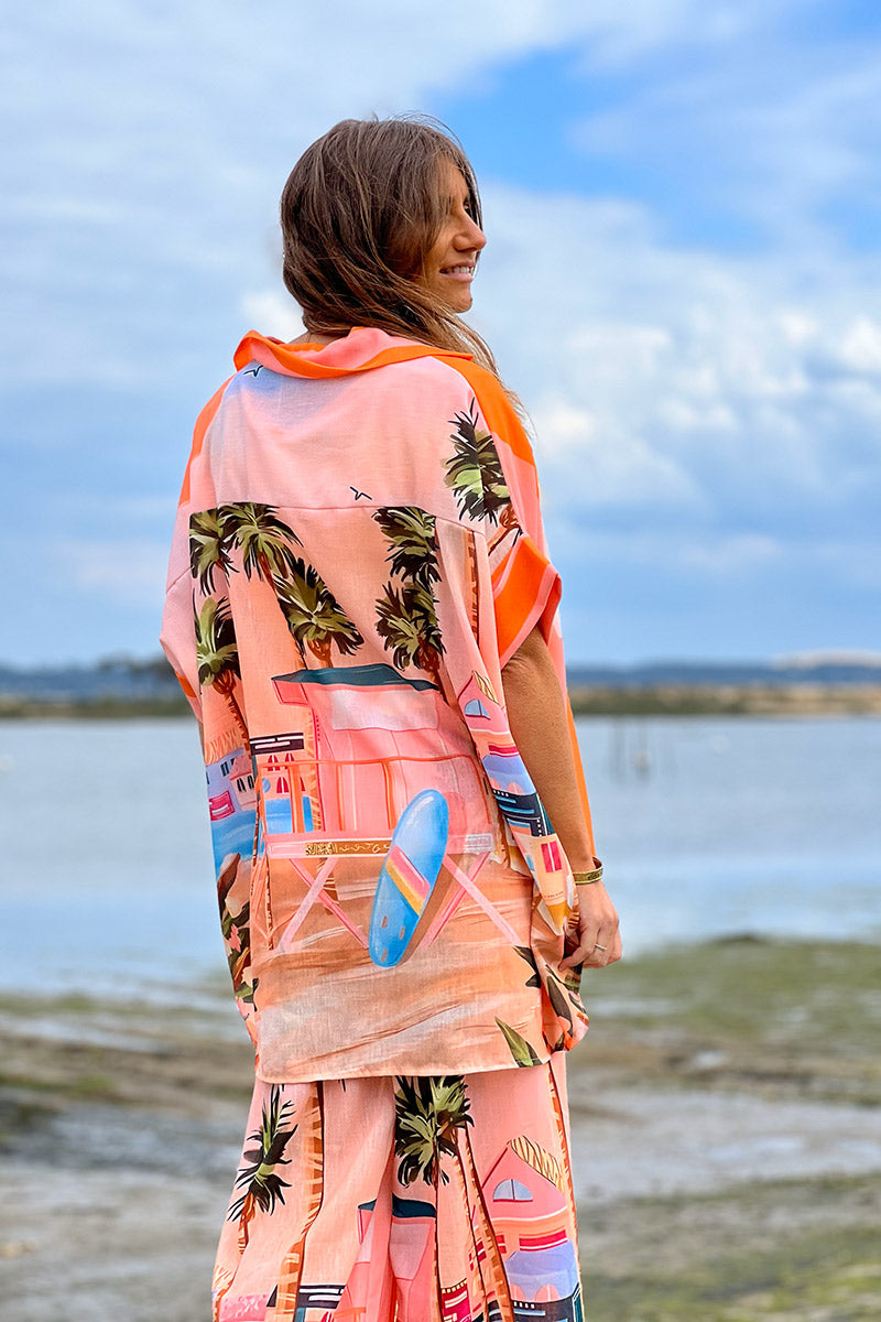 Chemise large en lin mélangé imprimé Vacances d'été rayures oranges Amour