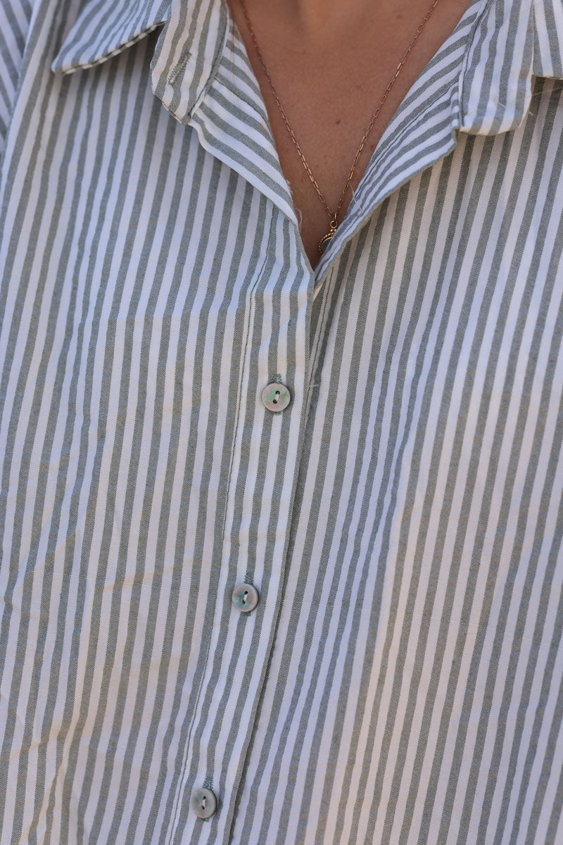 Oversized light weight short sleeve shirt khaki stripes