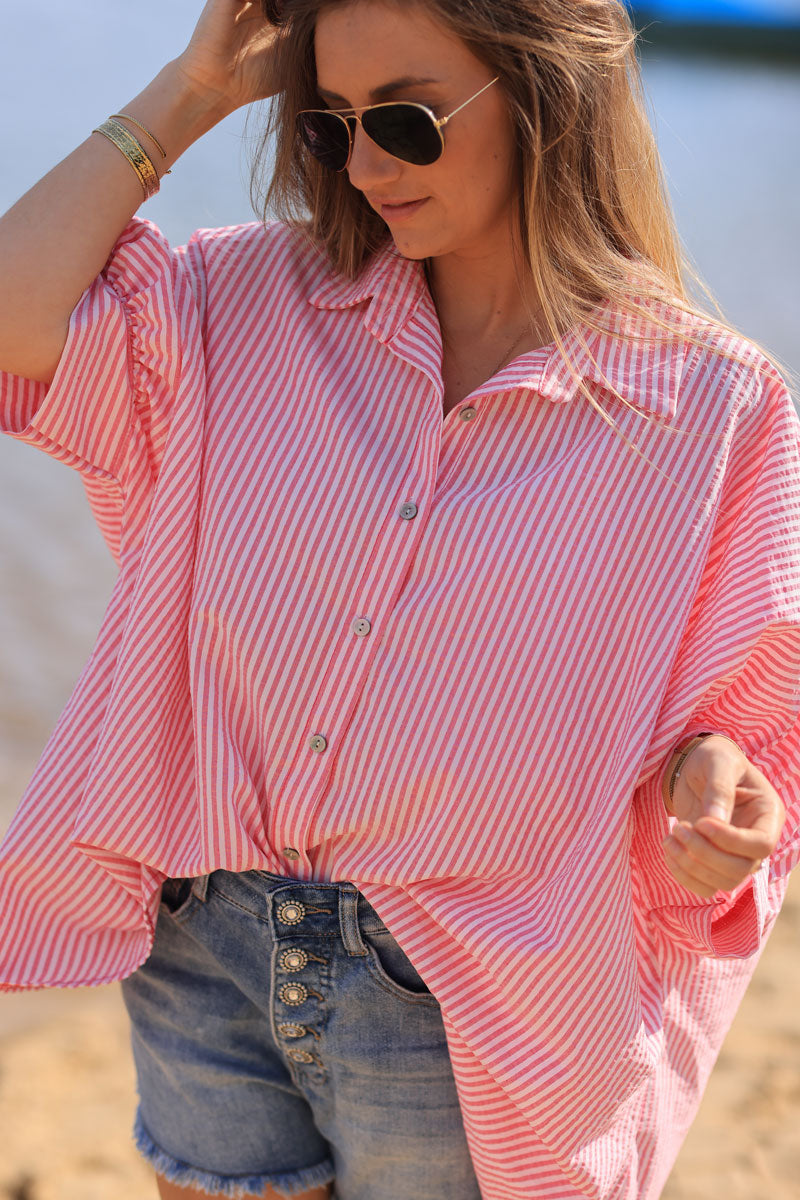 Chemise large loose et légère à rayures rose petites manches
