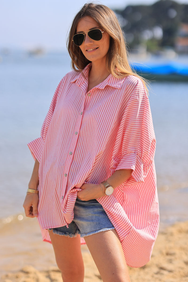 Oversized light weight short sleeve shirt pink stripes