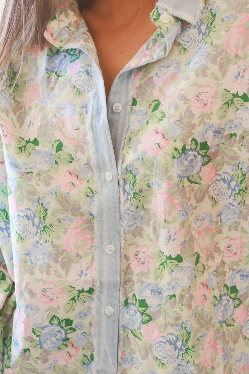 Floral and Denim Slouchy Cotton Button-Down Shirt