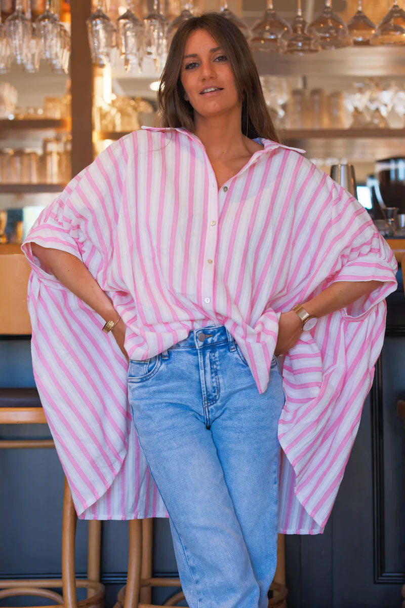 Pink Stripe Slouchy Cotton Button-Down Shirt