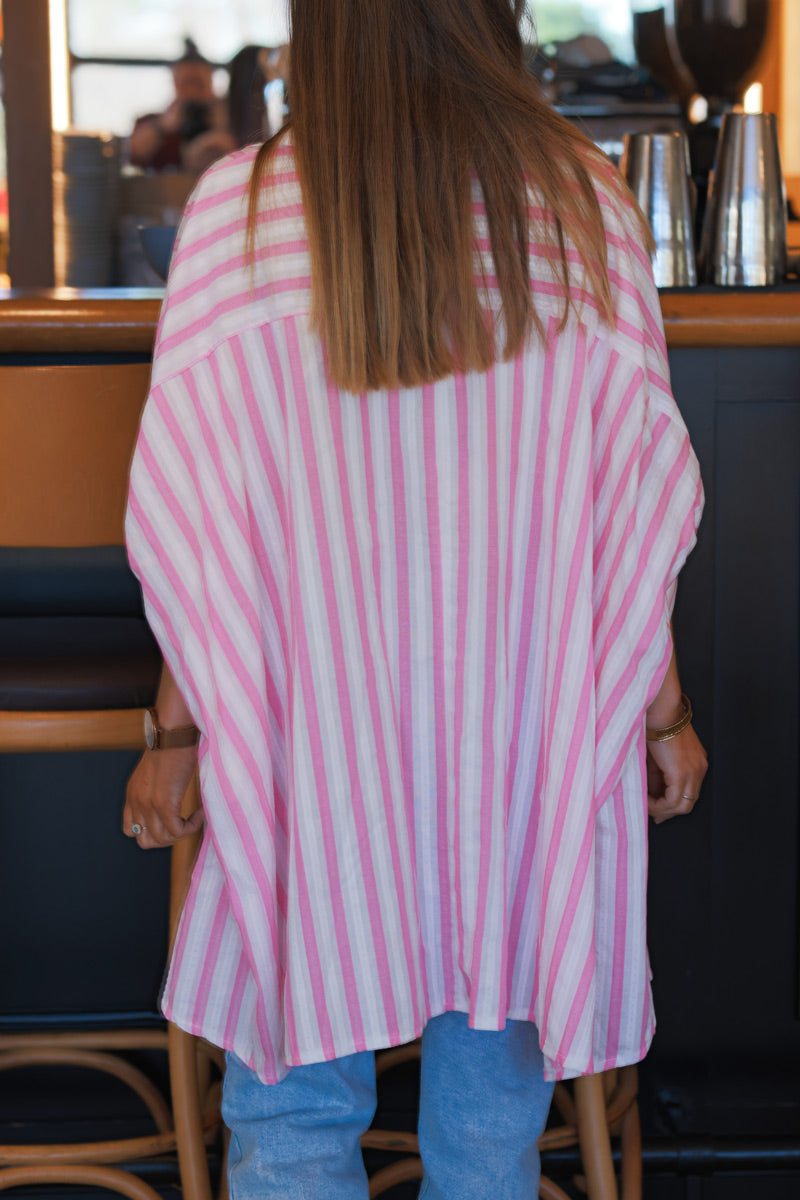 Pink Stripe Slouchy Cotton Button-Down Shirt