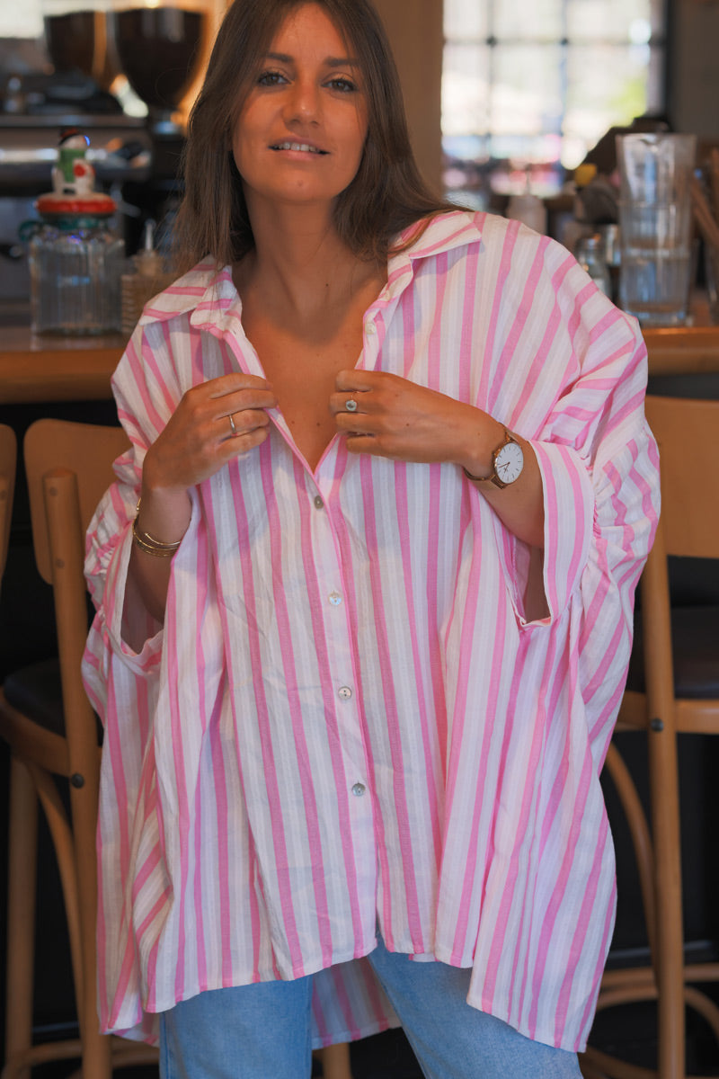 Pink Stripe Slouchy Cotton Button-Down Shirt