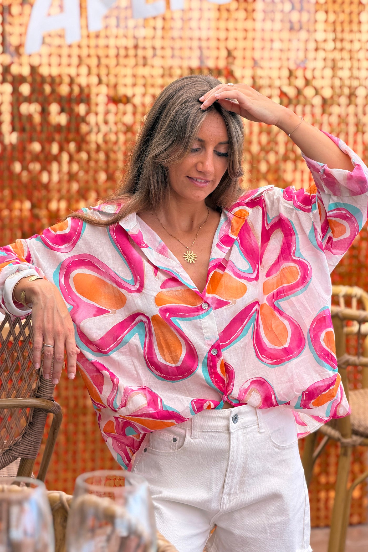 Pink Groovy Floral Button-Down Blouse