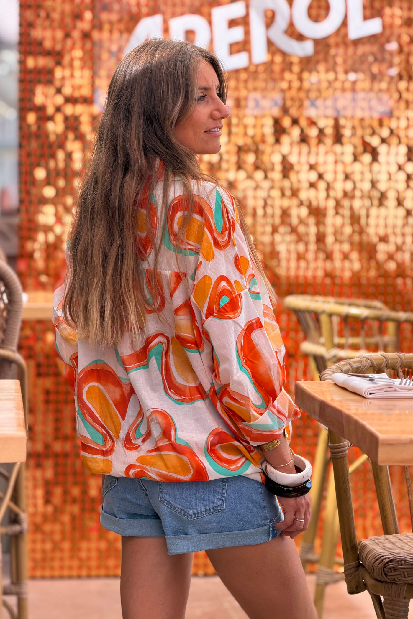 Orange Groovy Floral Button-Down Blouse
