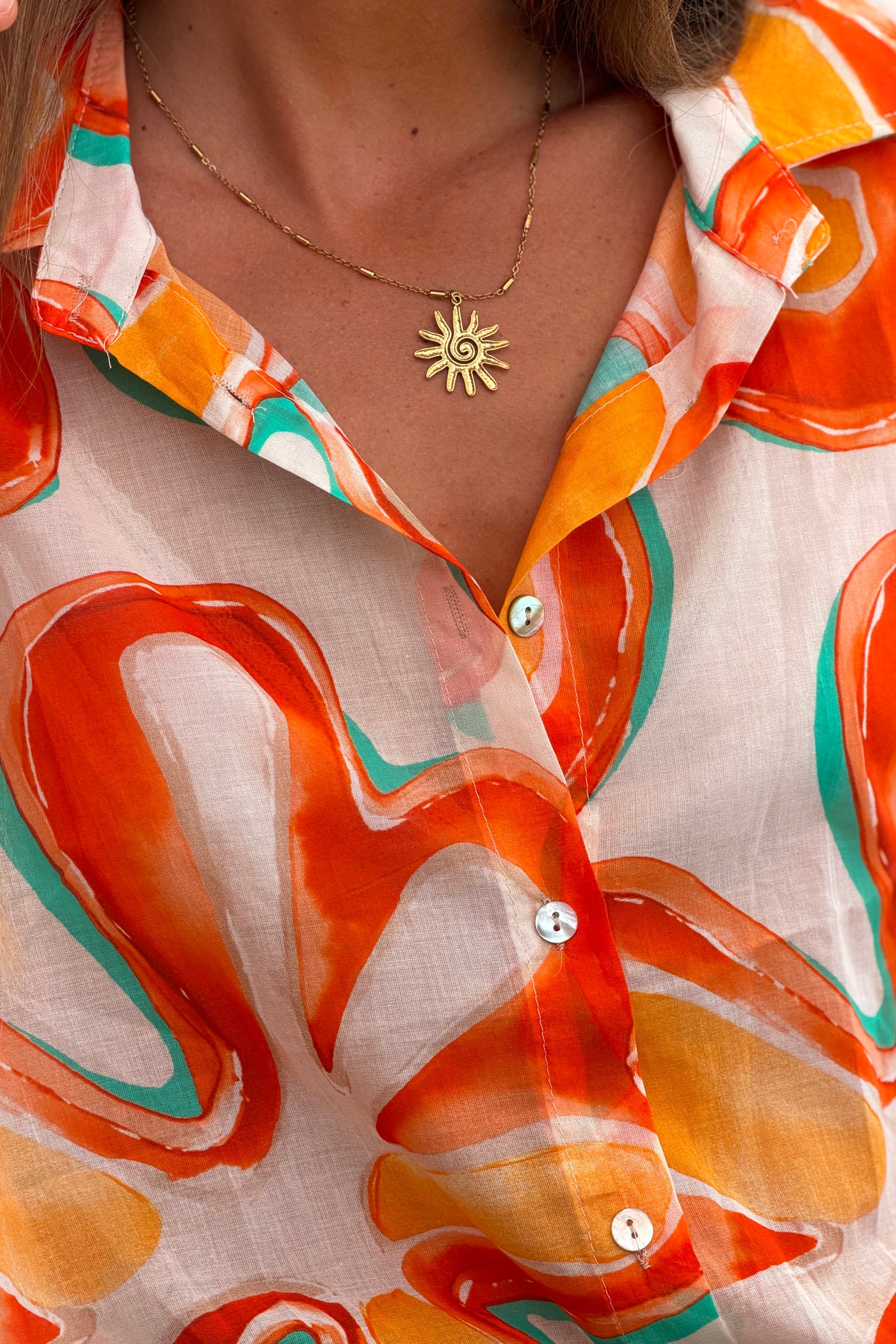 Orange Groovy Floral Button-Down Blouse
