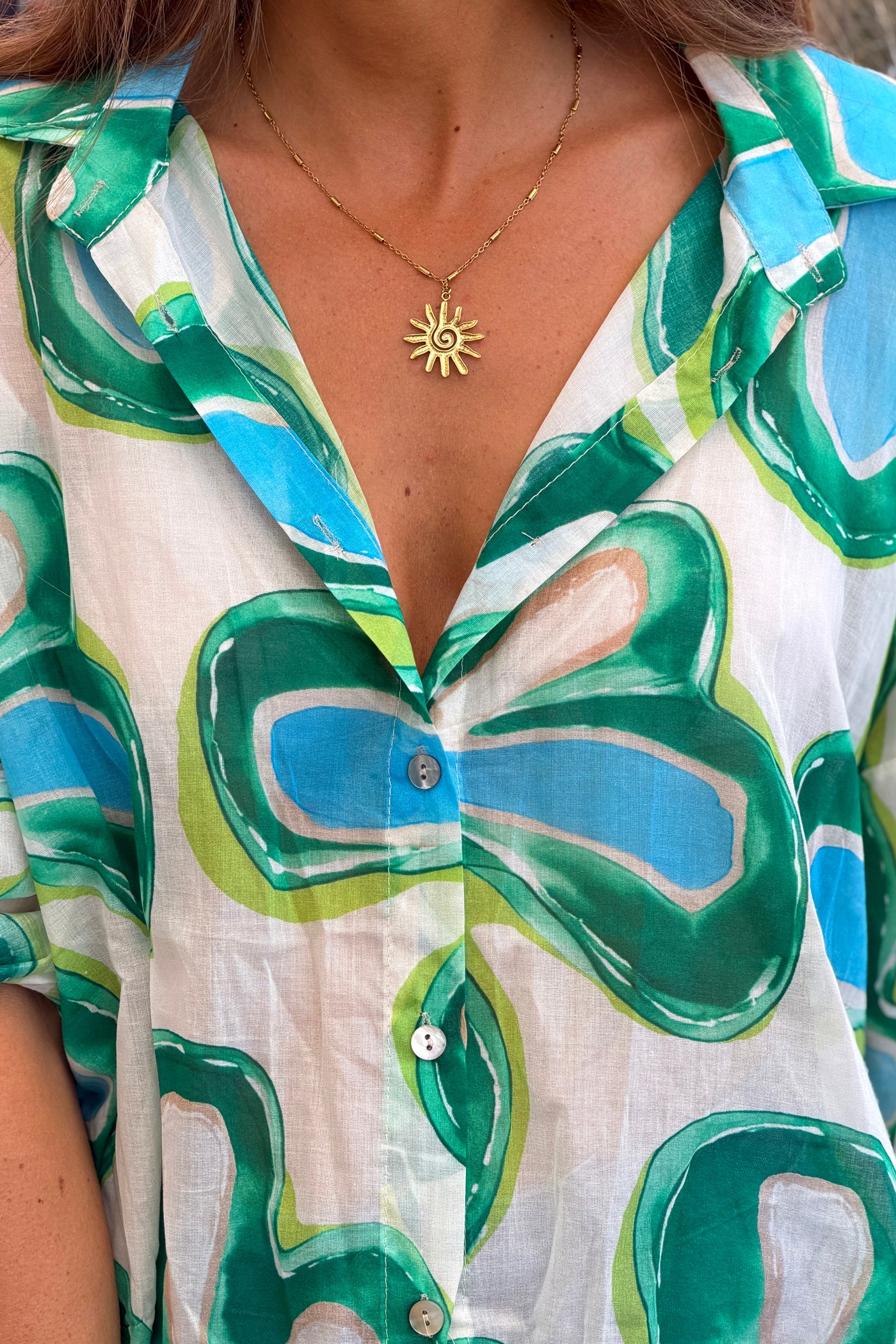 Green Groovy Floral Button-Down Blouse