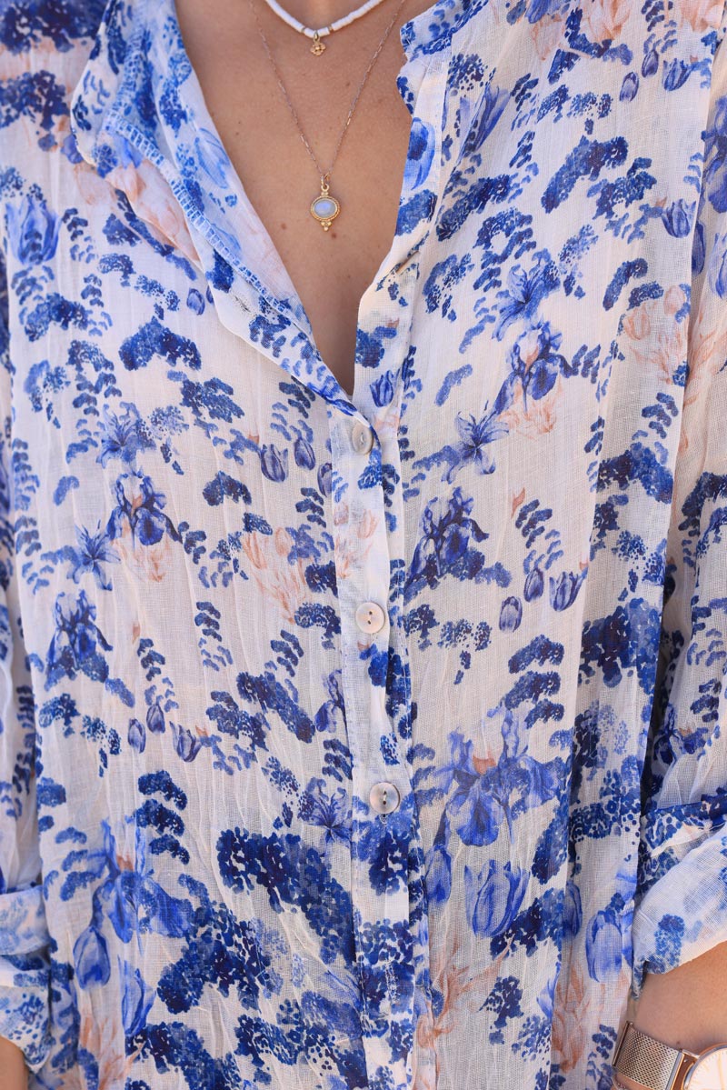 Lightweight cotton shirt with blue flower watercolor print