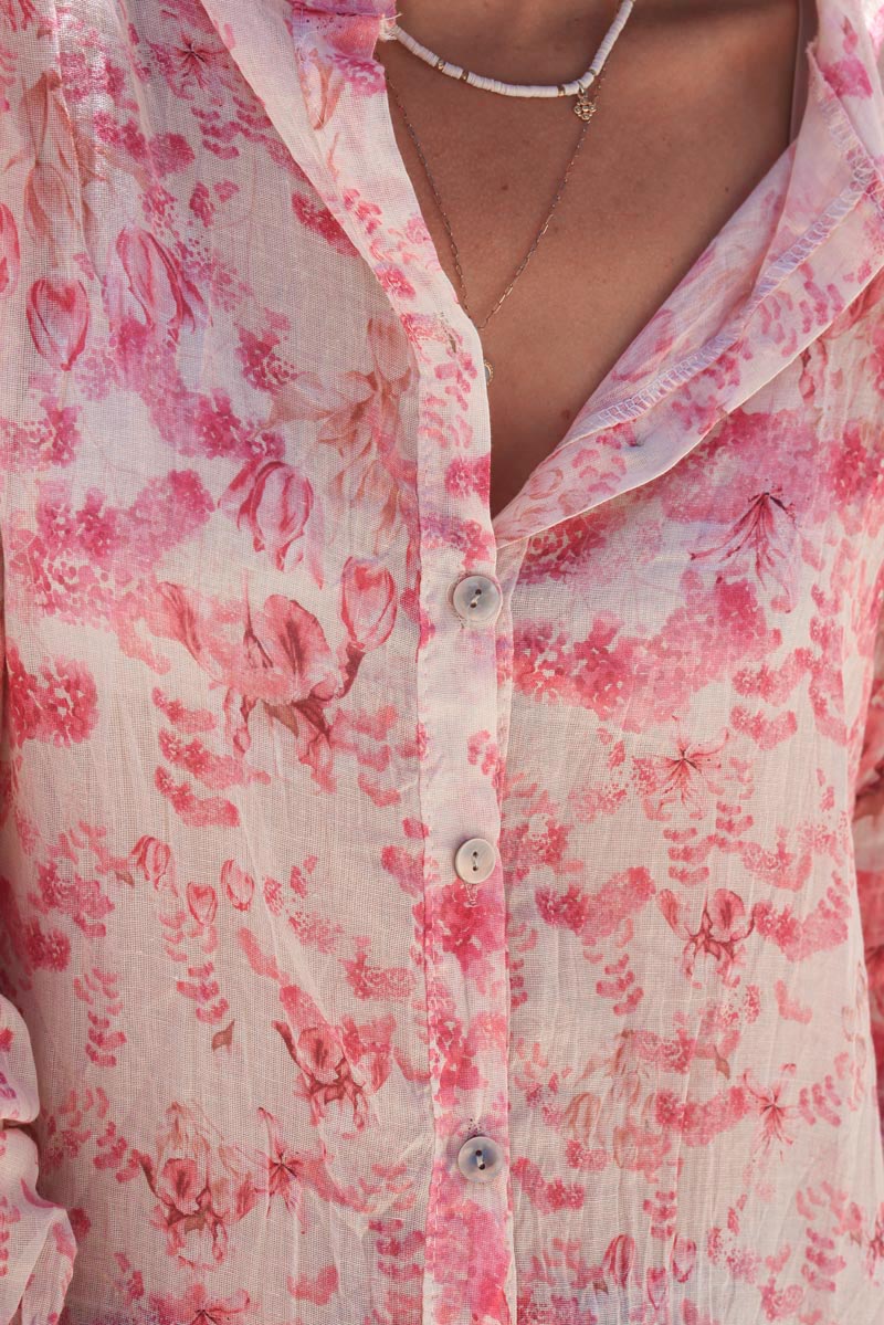 Lightweight cotton shirt with fuchsia flower watercolor print