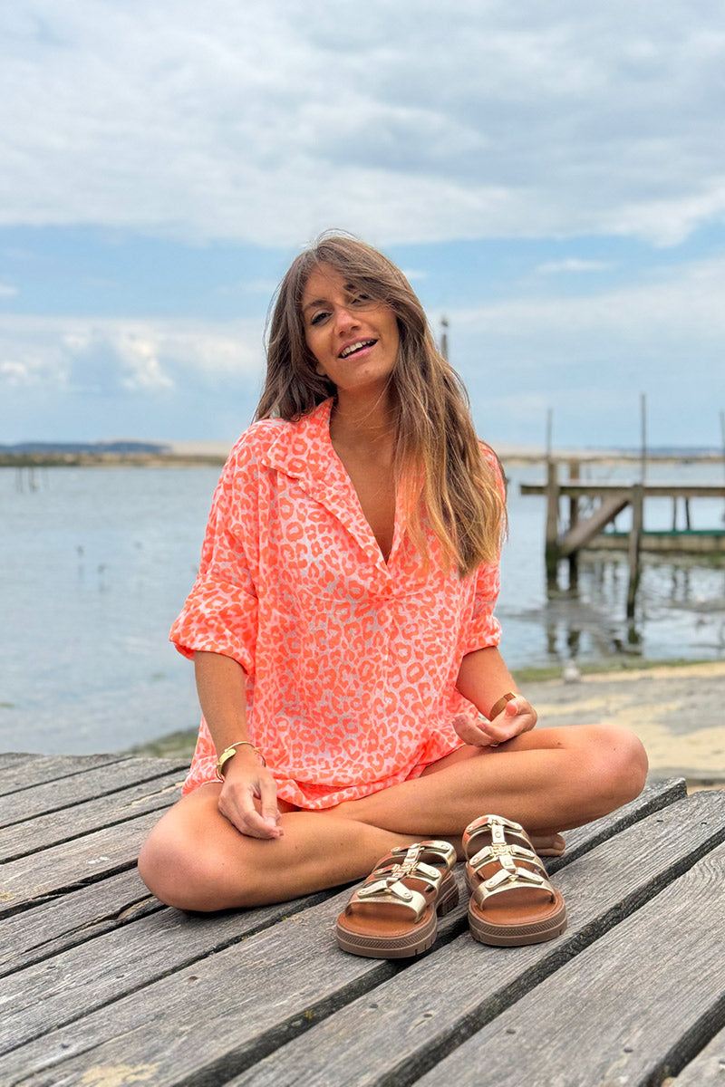 Chemise légère en voile de coton imprimé léopard orange fluo