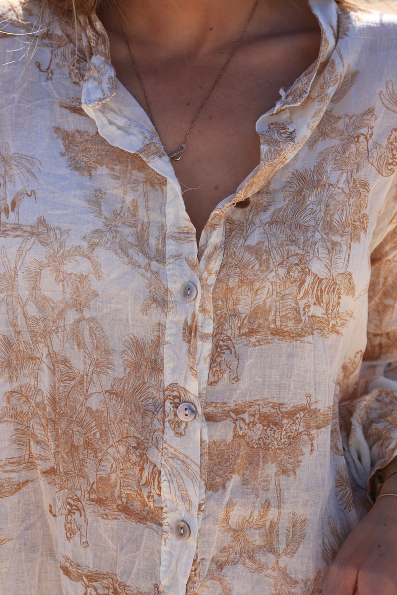 Semi-sheer cotton shirt with beige toile de jouy print
