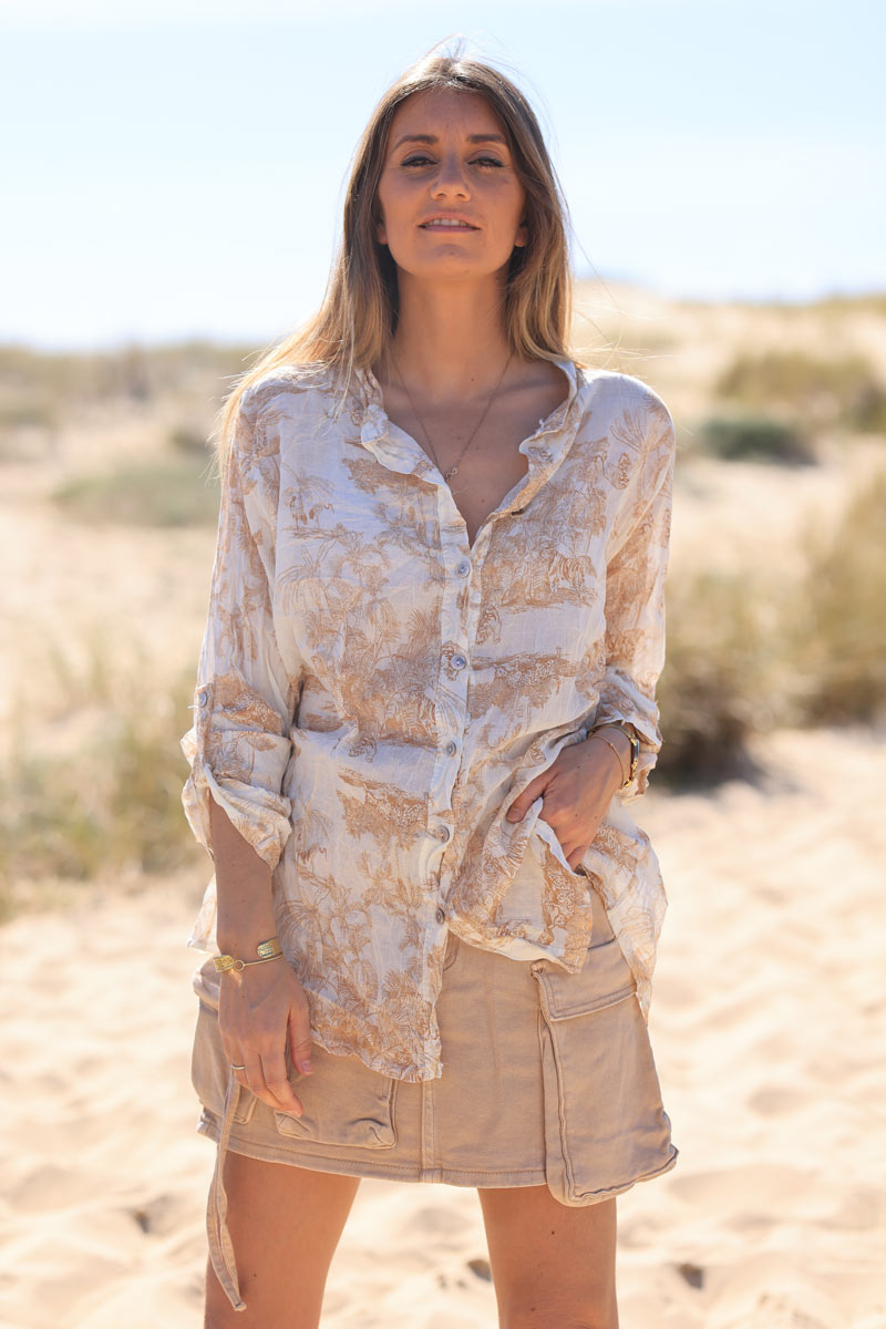 Chemise légère en voile de coton imprimé toile de jouy beige