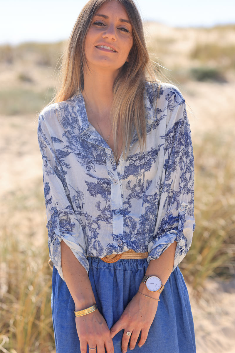 Semi-sheer cotton shirt with navy blue toile de jouy print