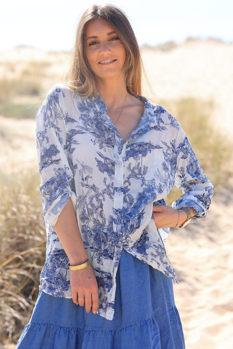 Semi-sheer cotton shirt with navy blue toile de jouy print