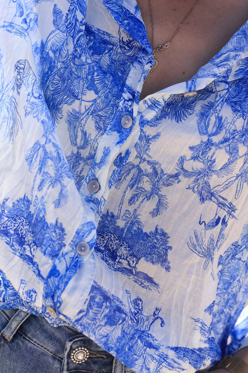 Semi-sheer cotton shirt with royal blue toile de jouy print