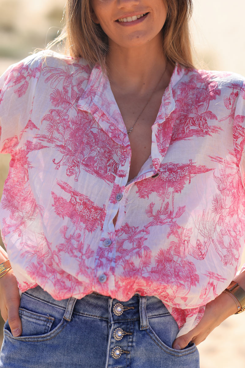 Semi-sheer cotton shirt with fuchsia toile de jouy print