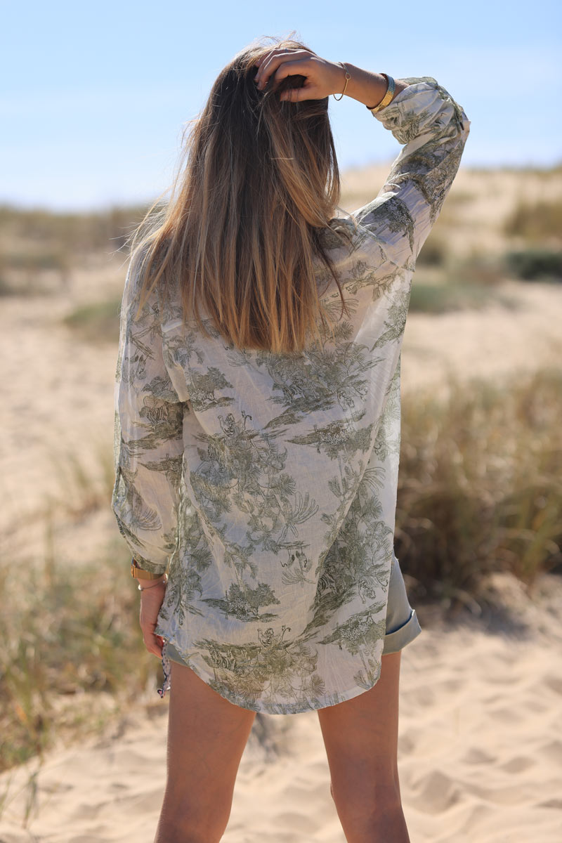 Semi-sheer cotton shirt with khaki toile de jouy print