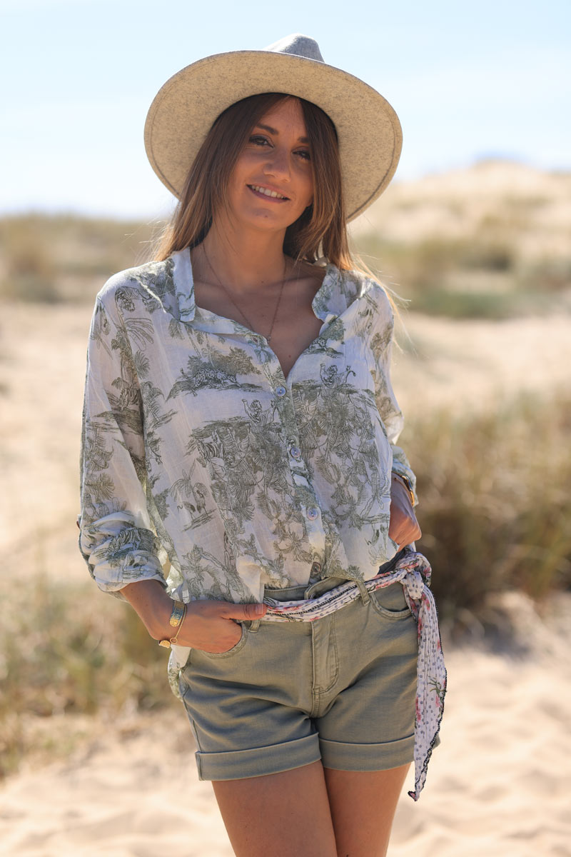 Semi-sheer cotton shirt with khaki toile de jouy print