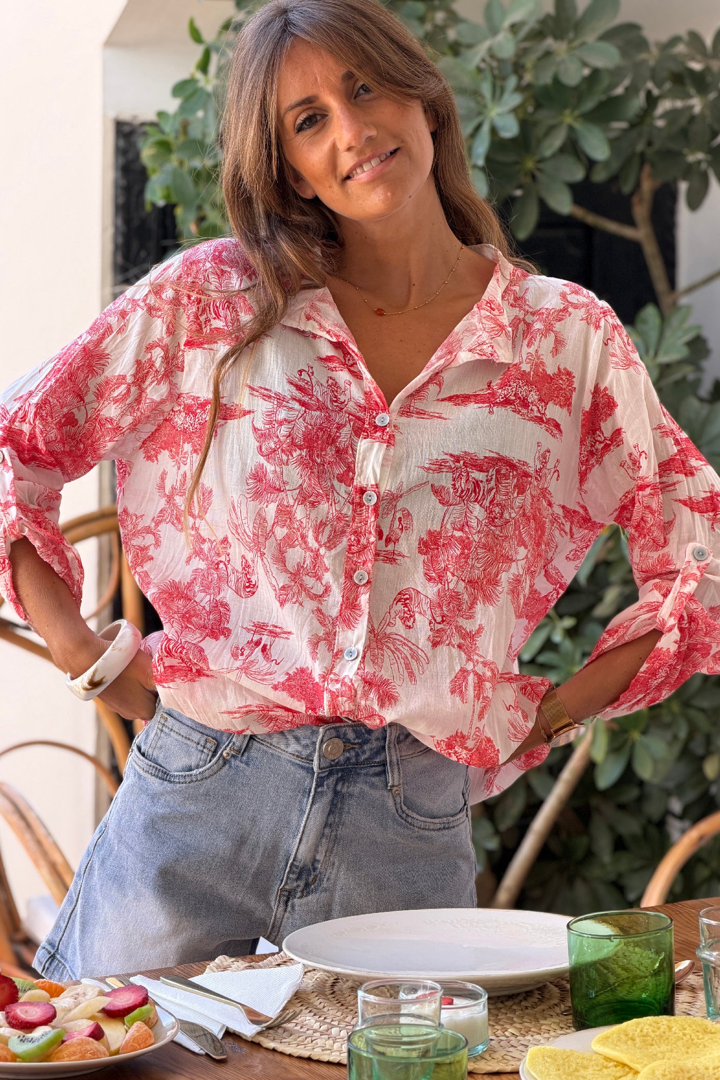 Semi-sheer Cotton Shirt with Olive Toile de Jouy Print