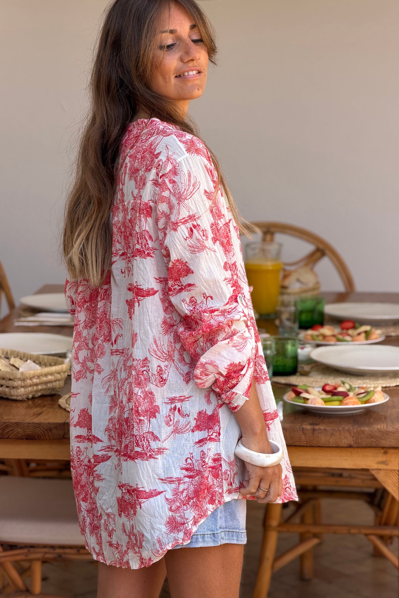 Chemise légère en voile de coton imprimé toile de jouy rouge