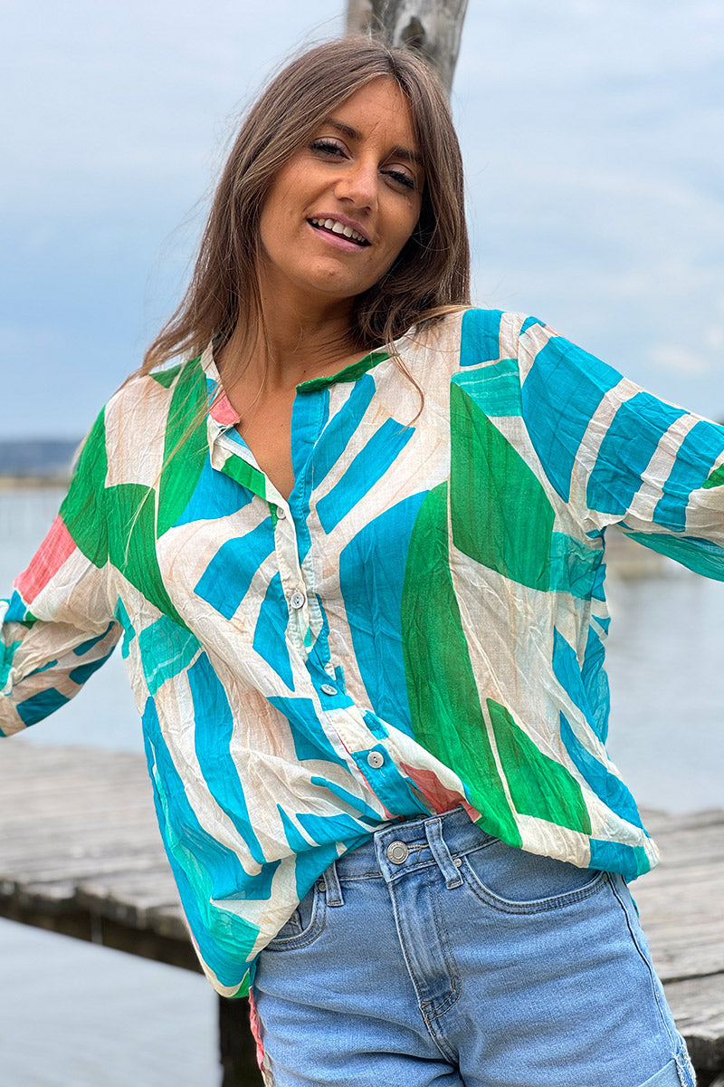 Turquoise Abstract Leaf Cotton Blouse

