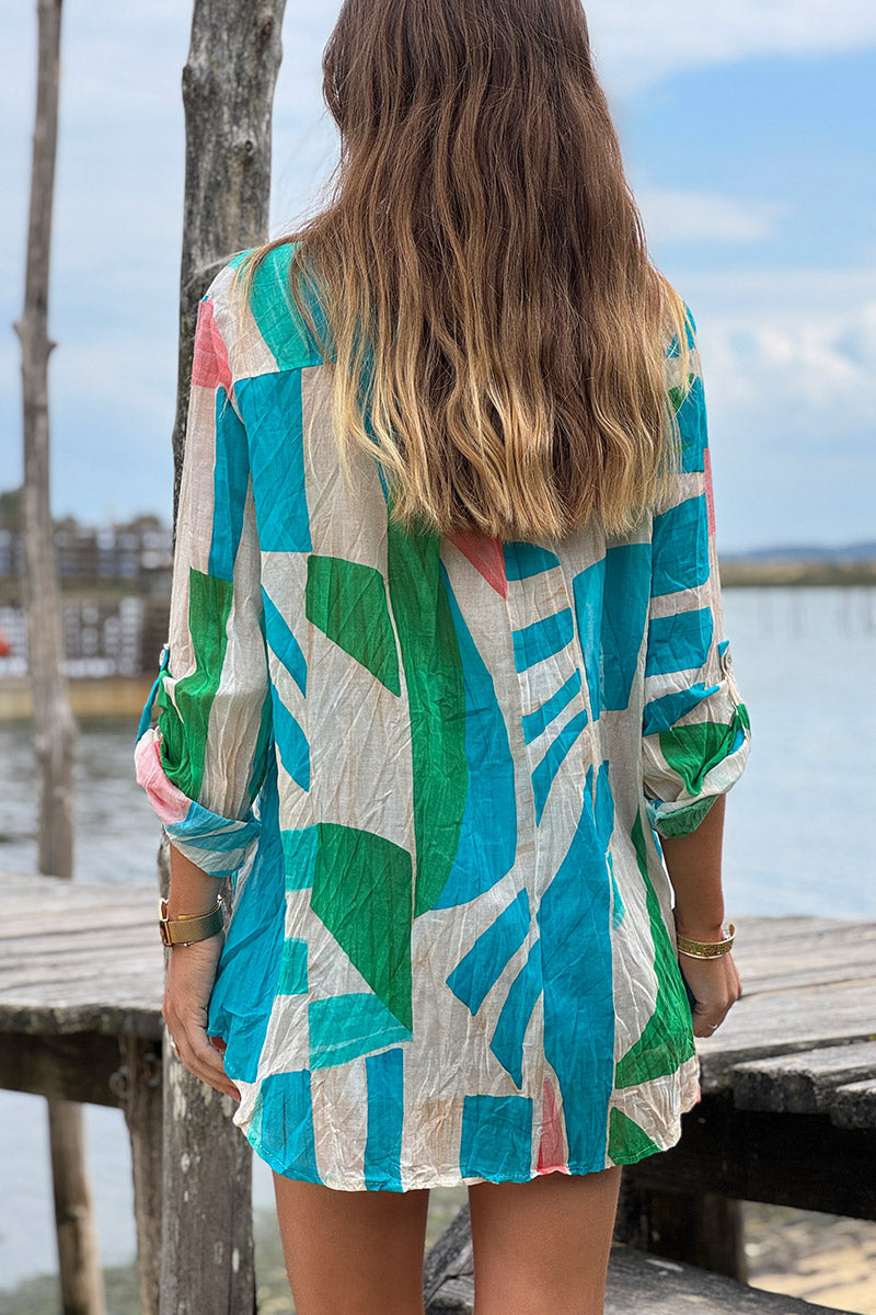 Turquoise Abstract Leaf Cotton Blouse
