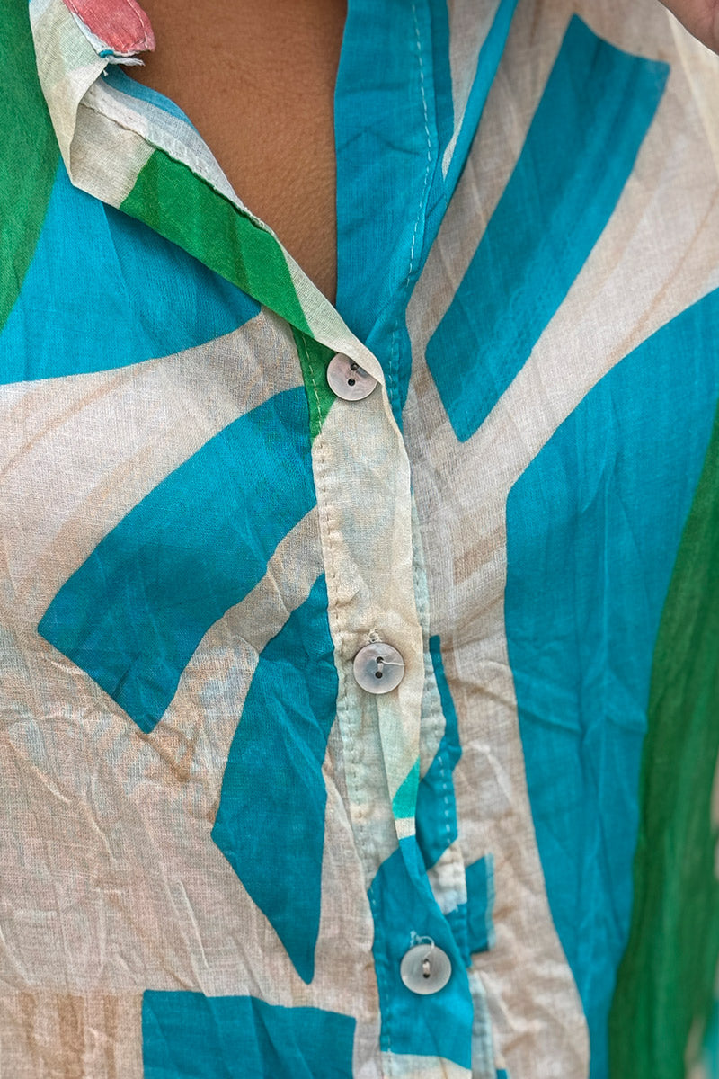 Turquoise Abstract Leaf Cotton Blouse
