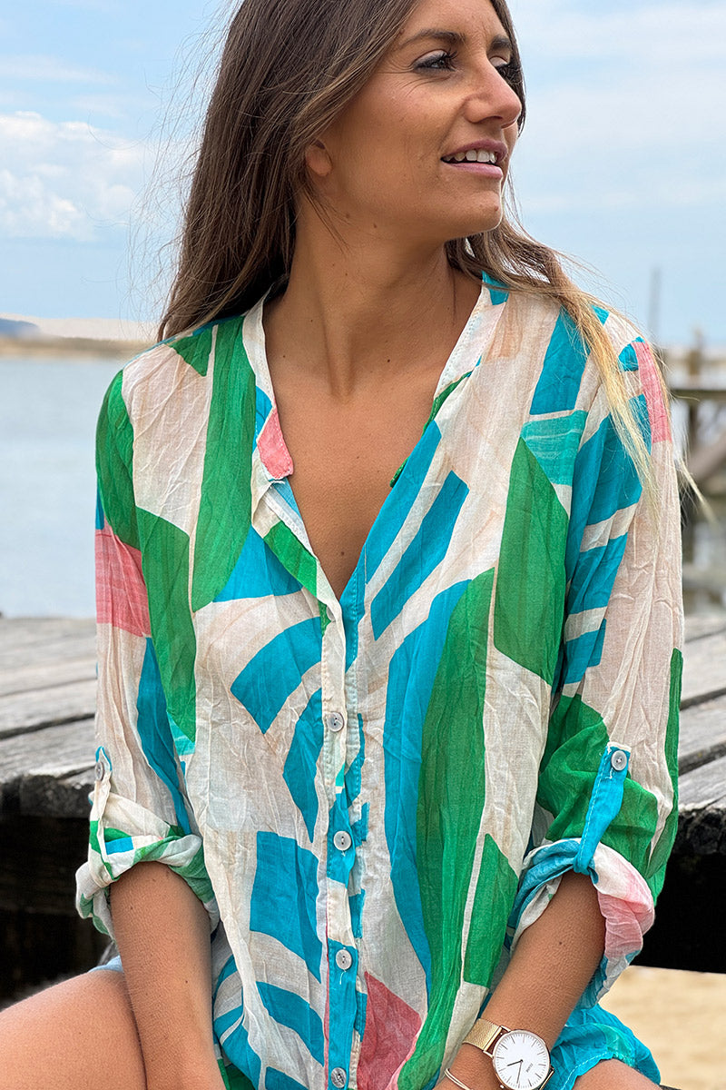 Turquoise Abstract Leaf Cotton Blouse
