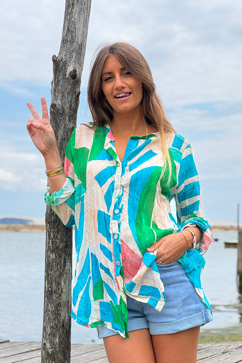 Turquoise Abstract Leaf Cotton Blouse
