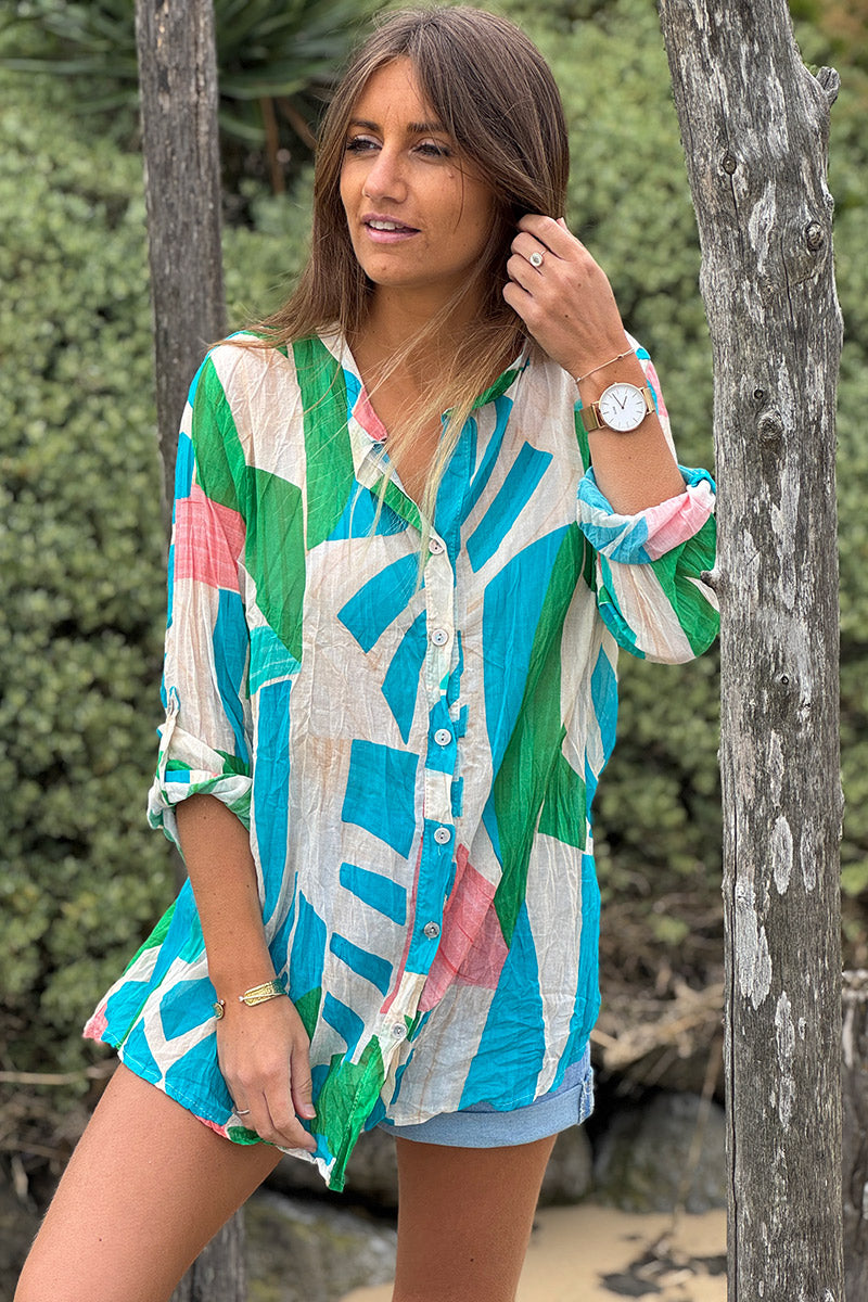 Chemise légère en voile de coton motif graphique turquoise