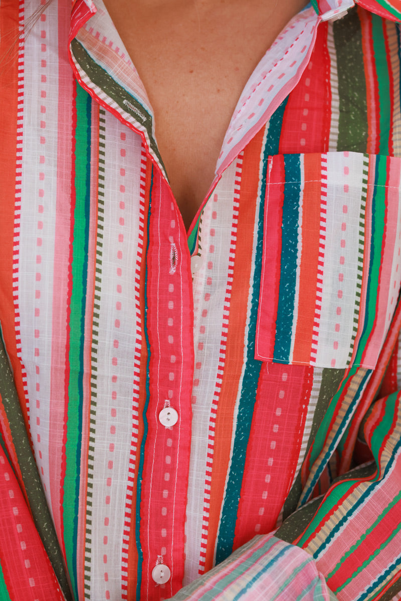 Coral Watermelon Stripe Button-Down Shirt