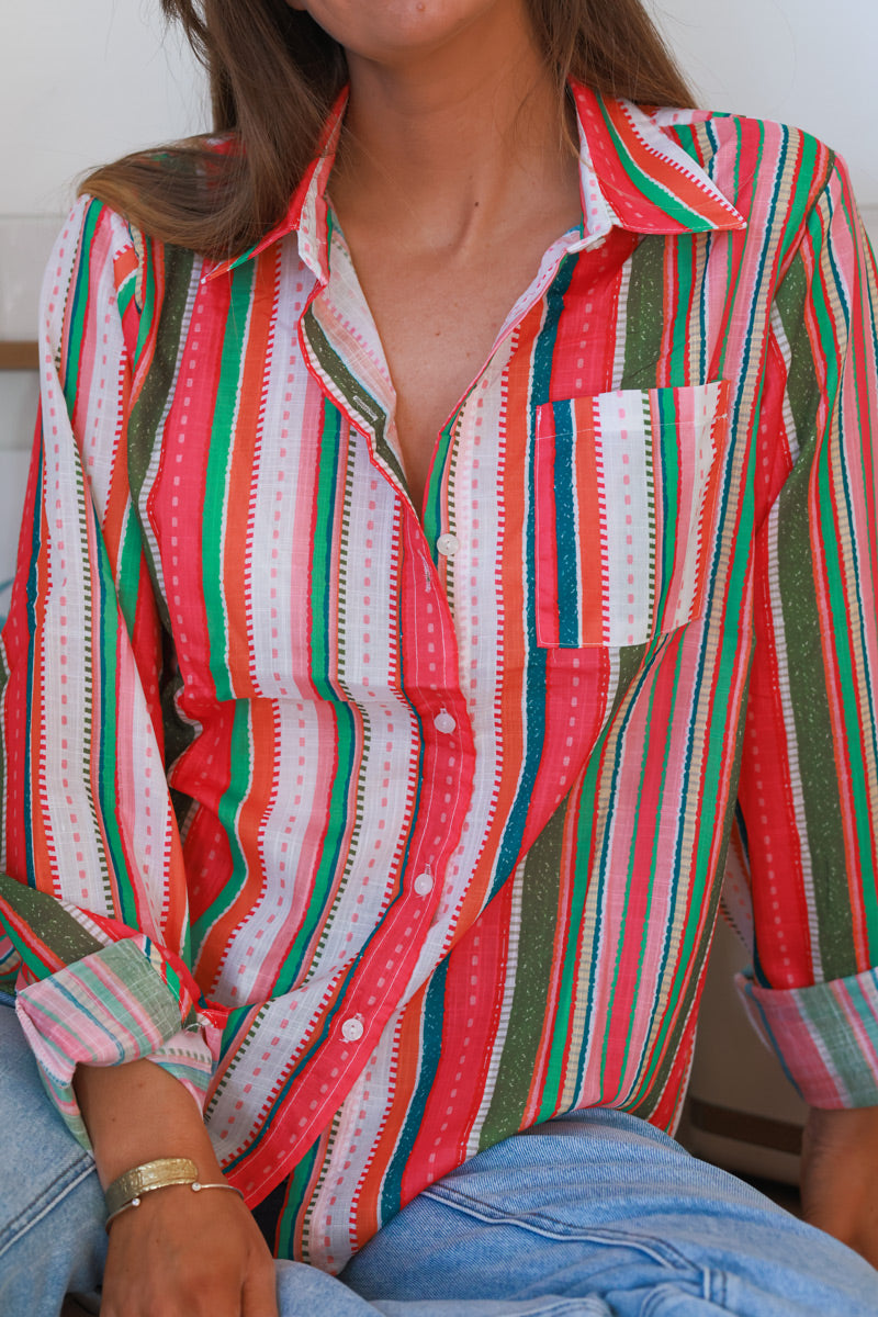 Coral Watermelon Stripe Button-Down Shirt