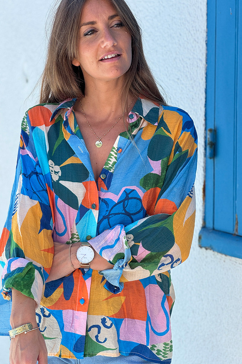 Blue Floral Art Collage Button-Down Blouse