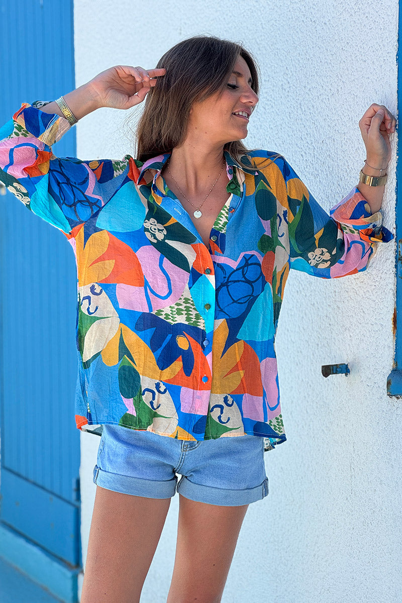 Blue Floral Art Collage Button-Down Blouse