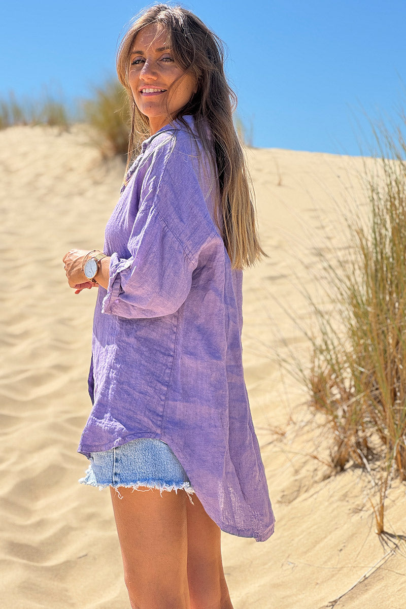Lilac Roll-Cuff Button-Down Blouse