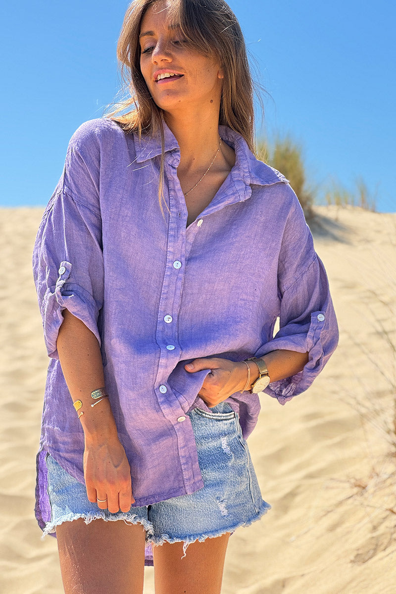 Lilac Roll-Cuff Button-Down Blouse