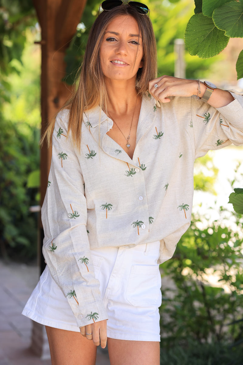 Linen shirt with woven palm trees