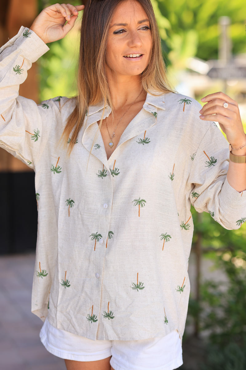 Linen shirt with woven palm trees