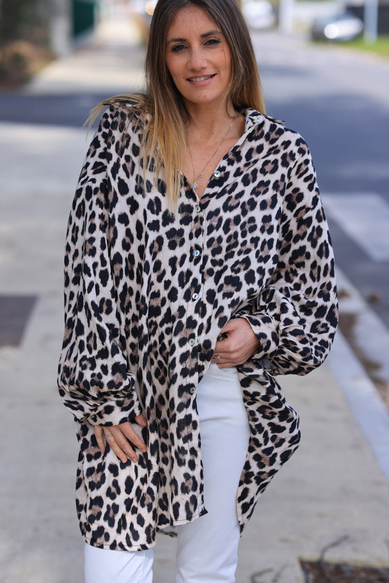 Camisa larga y ancha de algodón con estampado de leopardo