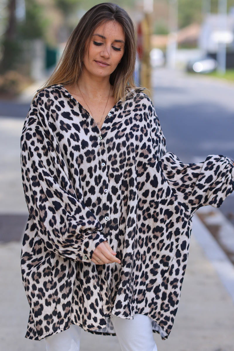 Chemise longue et large en coton imprimé léopard
