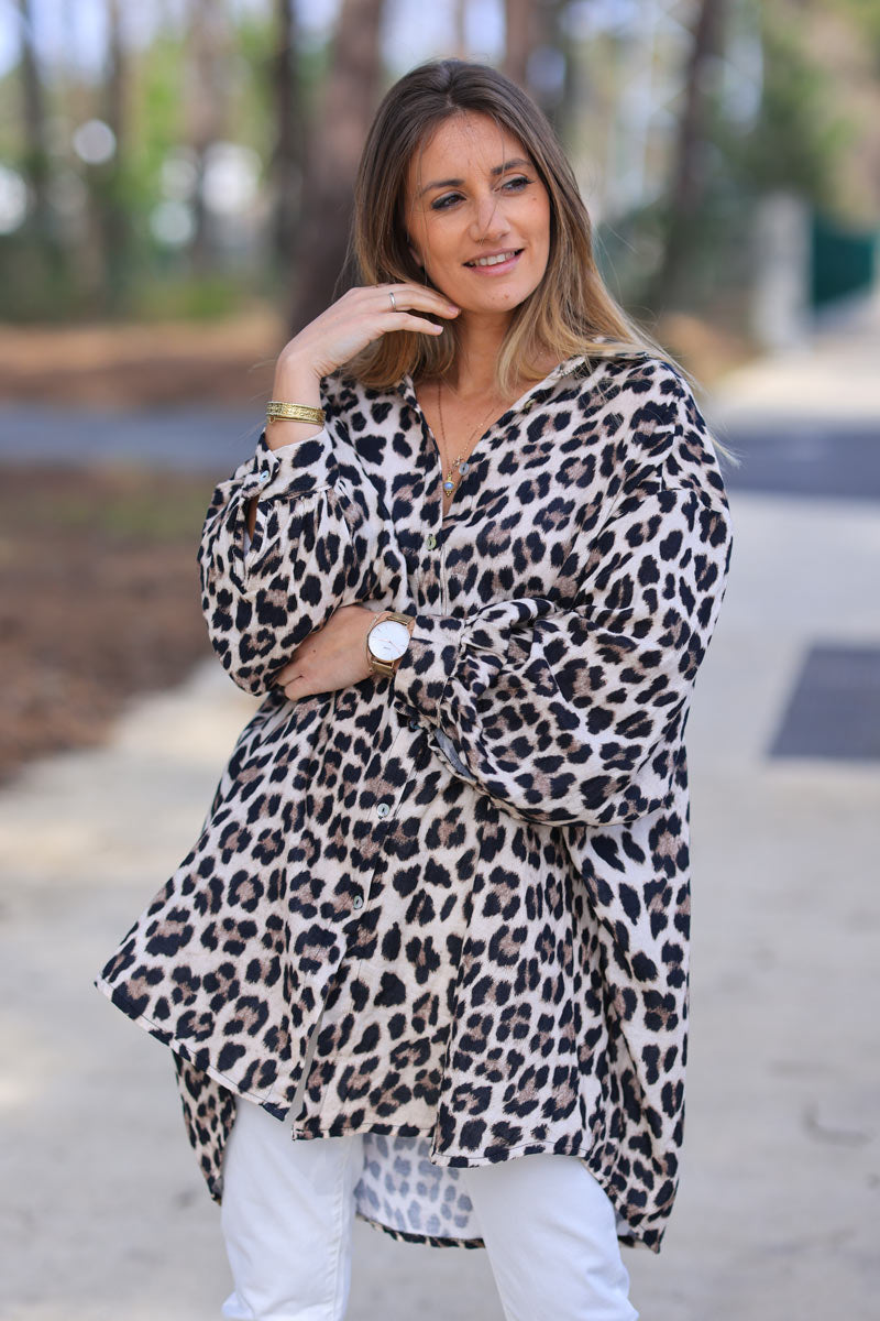 Camisa larga y ancha de algodón con estampado de leopardo
